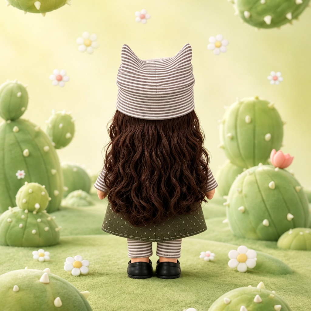 24cm MIA Potato Doll Curly Brown Hair Striped Cat‑Ear Hat Autumn Layered Outfit Removable Clothing Toy Gift for Collectors & Kids