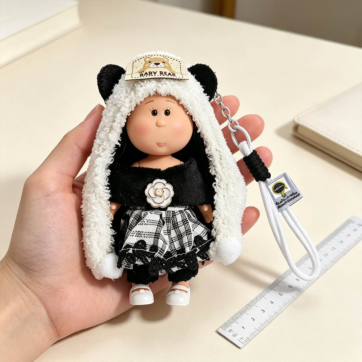 14cm MIA Potato Doll Keychain Pendant Straight Black Hair Panda‑Ear Fluffy Hood Baby Bear Patch Black Fuzzy Shrug Camellia Brooch Plaid Lace Skirt Woven Lanyard Strap Cute Backpack Ornament Birthday Christmas Holiday Gift for Girls & Doll Collectors