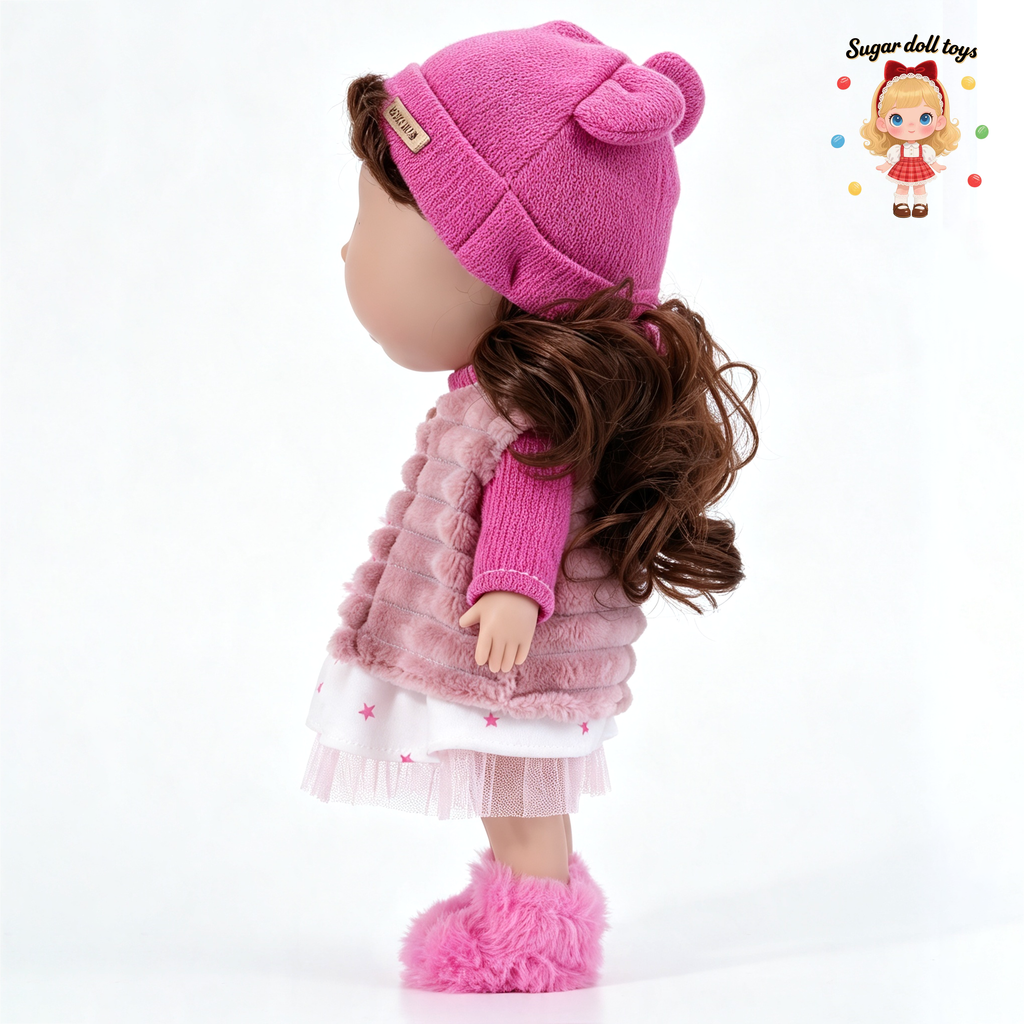 30cm Spanish Mia Potato Doll Pink Plush Bear-Ear Winter Outfit Set, Handmade DIY Dress-Up Collectible Toy, Birthday Holiday Gift for Girls