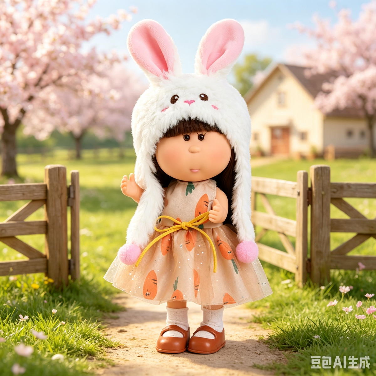 24cm Mia Round-Faced Doll – Features Brown Bangs, Fluffy White Rabbit-Ear Hat, and Carrot-Print Glitter Tulle Dress; Collectible Dress-Up Doll – Pastoral Bunny-Themed Gift for Girls & Collectors (Easter/Christmas Gift)