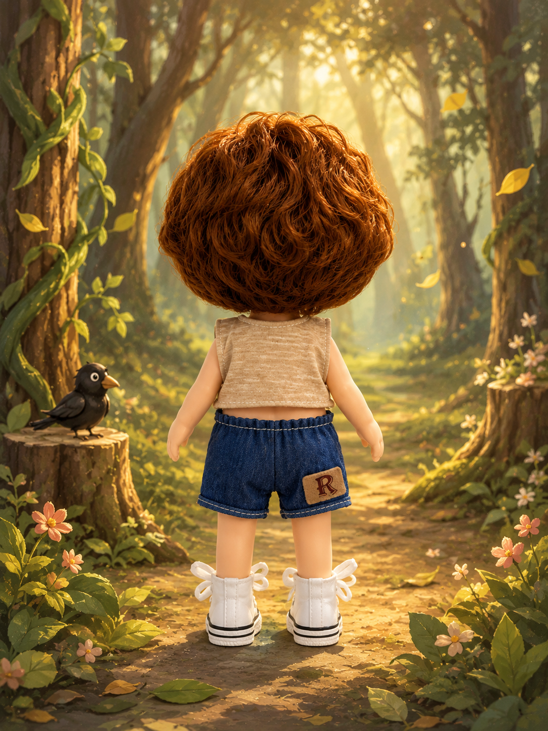 24cm MIA Potato Doll – Reddish-Brown Curly Hair, Sleeveless Tank Top, Denim Shorts, White Canvas Sneakers (Vinyl Collectible Toy) – Birthday Gift / Christmas Toy