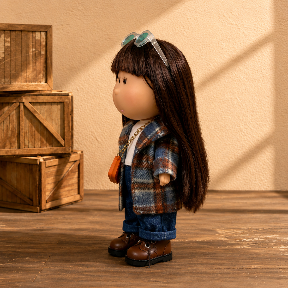 24cm MIA Potato Doll Straight Bangs Long Brown Hair Plaid Woolen Coat Denim Pants Glasses Crossbody Bag Removable Retro Outfit Toy Gift for Collectors