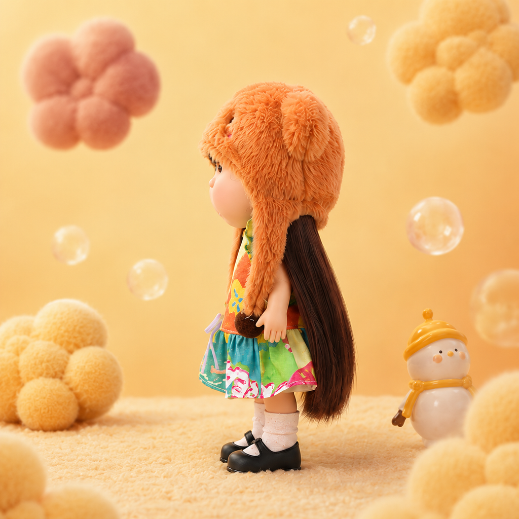 24cm Mia Round‑Face Doll, Brown Straight Bangs Hair Brown Bear Fuzzy Trapper Hat Oil‑Painting Floral Flutter‑Sleeve Dress Collectible Dress‑Up Doll, Playful Forest Style Gift for Girls & Doll Collectors