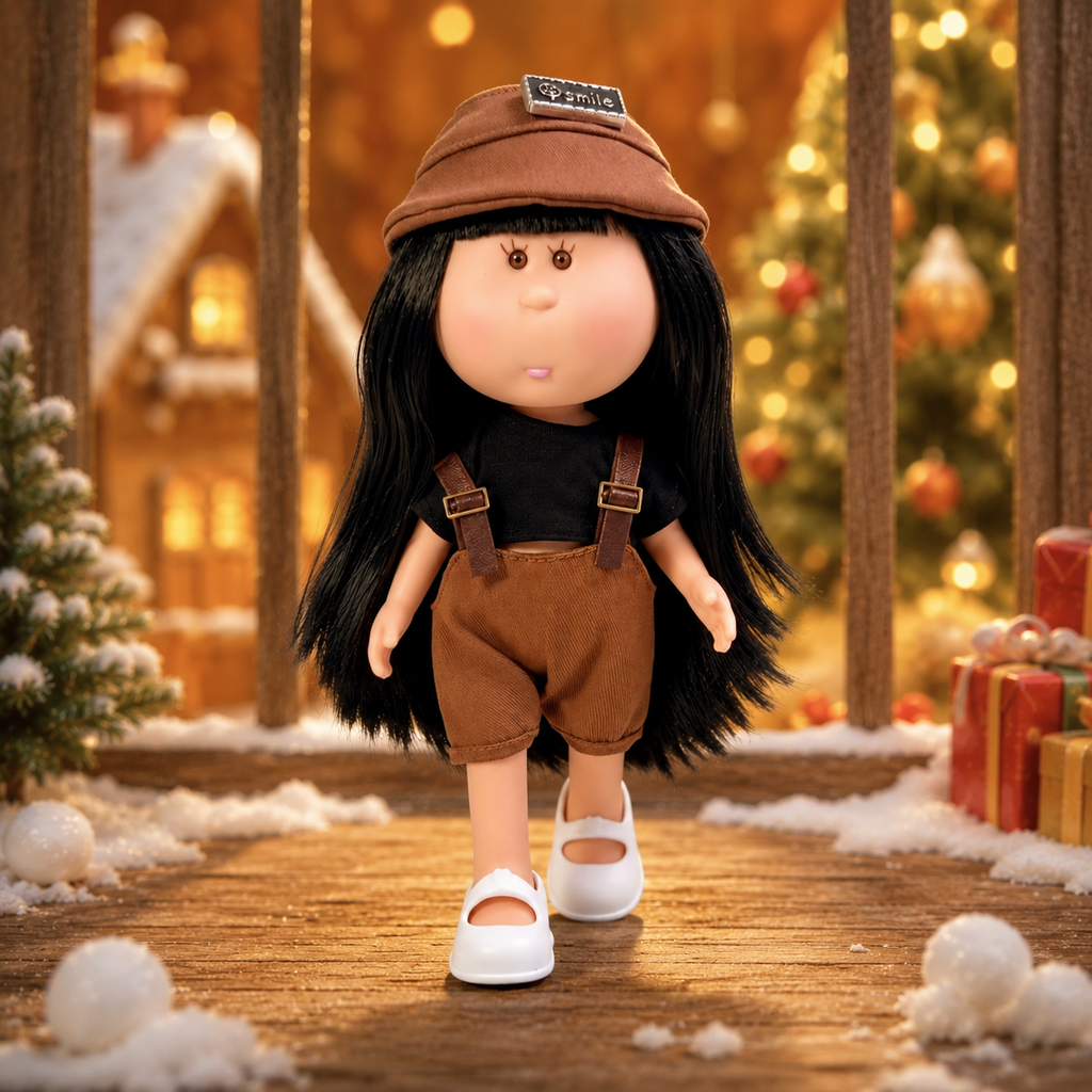 24cm MIA Potato Doll Long Straight Black Hair with Smile‑Label Brown Beret Black Crop Top Brown Corduroy Suspender Shorts White Mary Jane Shoes Fashion Dress‑Up Toy Birthday Christmas Gift for Children