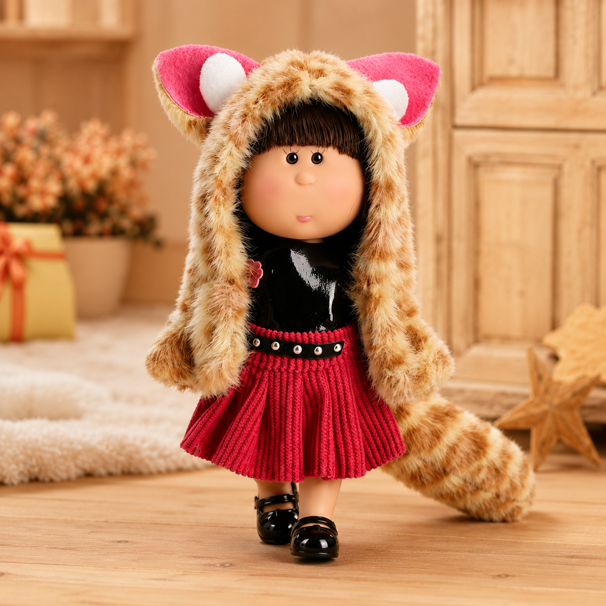 14cm MIA Potato Doll Keychain, Fox‑Ear Furry Coat Red Knit Skirt Animal Cosplay Style Backpack Charm Holiday Gift