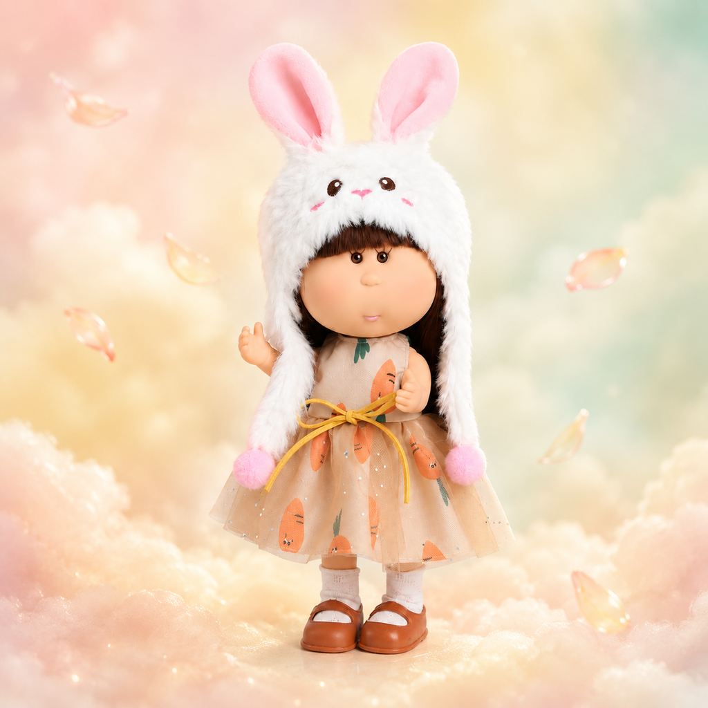 24cm Mia Round-Faced Doll – Features Brown Bangs, Fluffy White Rabbit-Ear Hat, and Carrot-Print Glitter Tulle Dress; Collectible Dress-Up Doll – Pastoral Bunny-Themed Gift for Girls & Collectors (Easter/Christmas Gift)
