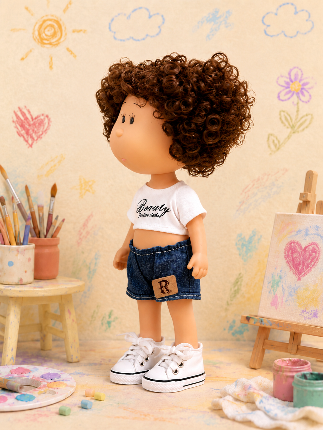 24cm MIA Potato Doll Afro Curly Hair Cropped Print T‑Shirt Denim Shorts Sneakers Removable Street Style Outfit Toy Gift for Kids Collectors