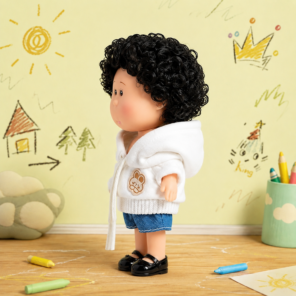 14cm MIA Potato Doll Keychain, Black Curly Hair White Bunny‑Patch Hoodie Denim Shorts Casual Style Backpack Charm Gift for Collectors