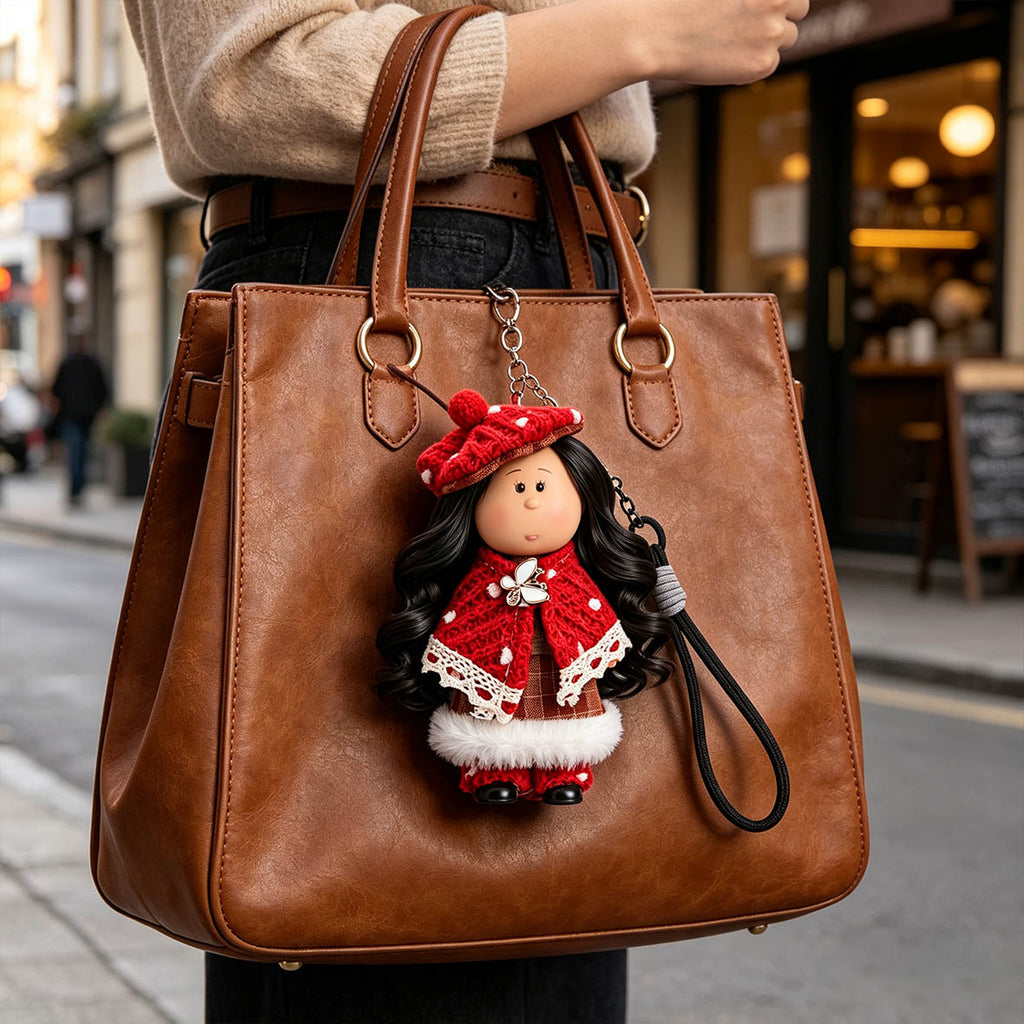 14cm MIA Potato Doll Keychain Pendant Long Wavy Black Hair Red Knit Mushroom Beret Polka‑Dot Crochet Cape Butterfly Brooch Plush Trim Plaid Dress Braided Lanyard Strap Winter Style Backpack Charm Birthday Christmas Holiday Gift for Girls & Doll Collectors
