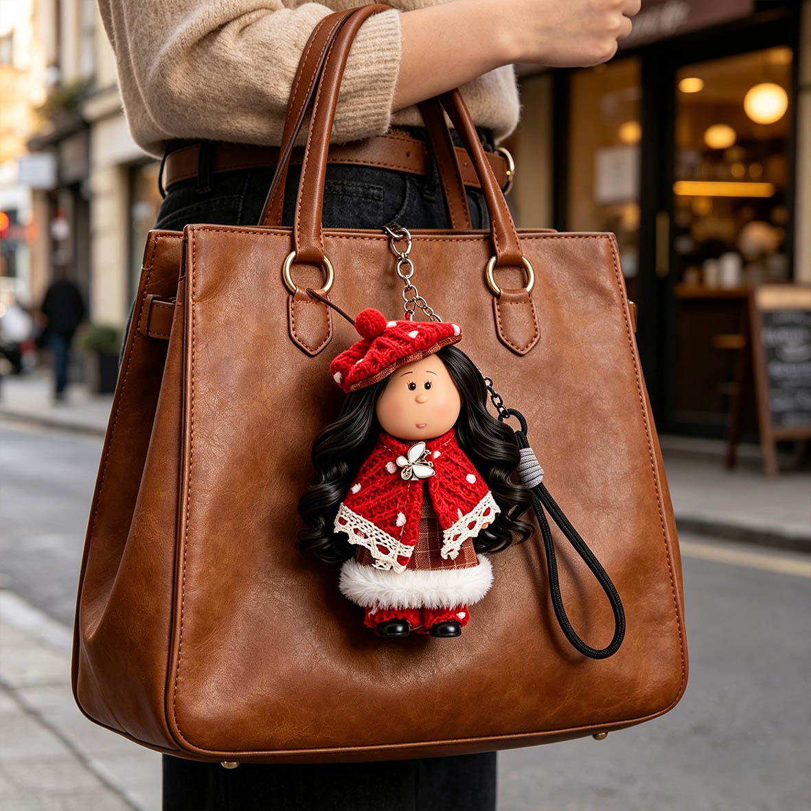 14cm MIA Potato Doll Keychain Pendant Long Wavy Black Hair Red Knit Mushroom Beret Polka‑Dot Crochet Cape Butterfly Brooch Plush Trim Plaid Dress Braided Lanyard Strap Winter Style Backpack Charm Birthday Christmas Holiday Gift for Girls & Doll Collectors