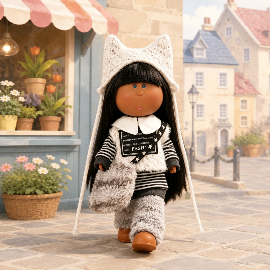 24cm MIA Potato Doll Dark Skin Cat‑Ear Knit Hat Fuzzy Monochrome Winter Outfit Plush Crossbody Bag Vinyl Collectible Toy