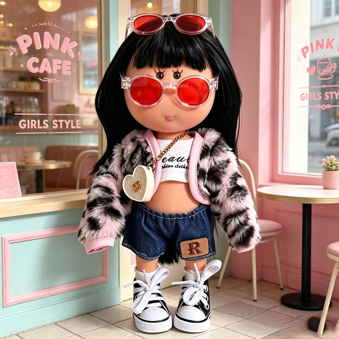 Sweet Urban Street Style MIA Potato Doll 24cm Straight Black Bangs Hair Doll Fur Denim Outfit Pretend Play Collectible Toy Holiday Present for Boys & Girls