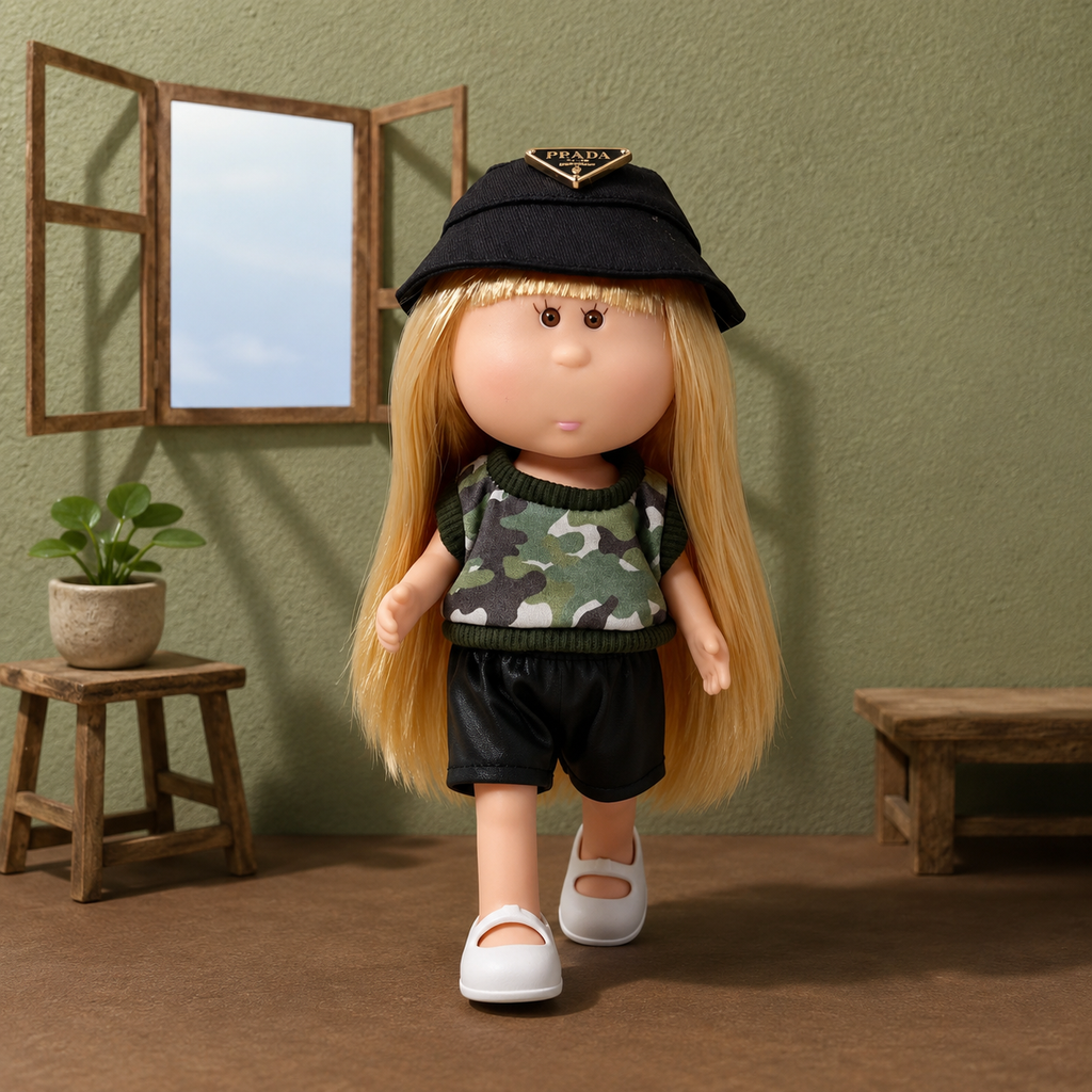 24cm MIA Potato Doll Long Straight Blonde Hair with Black Logo Bucket Hat Camouflage Knit Trim Sleeveless Top Black PU Shorts White Mary Jane Shoes Fashion Dress‑Up Toy Birthday Christmas Gift for Children