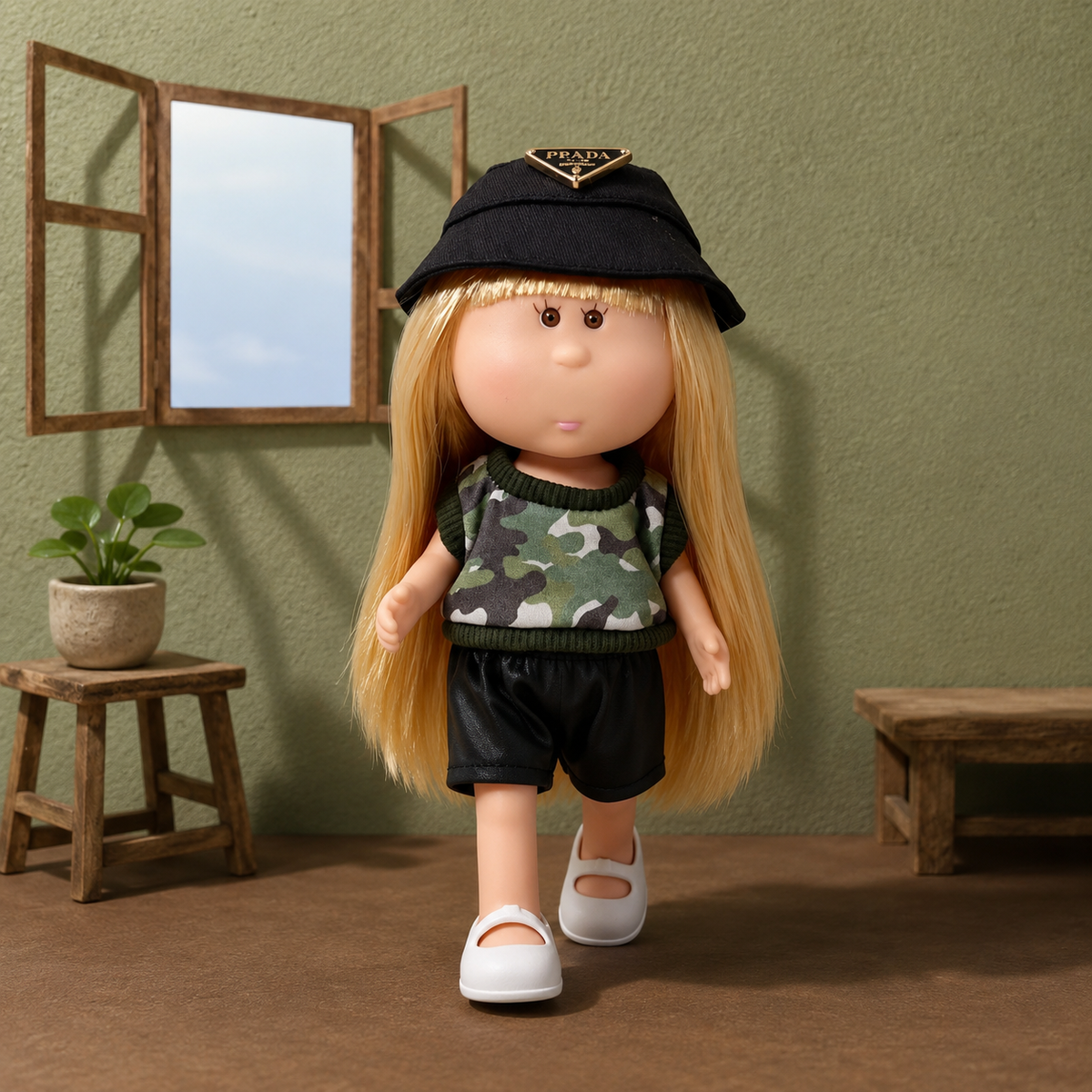 24cm MIA Potato Doll Long Straight Blonde Hair with Black Logo Bucket Hat Camouflage Knit Trim Sleeveless Top Black PU Shorts White Mary Jane Shoes Fashion Dress‑Up Toy Birthday Christmas Gift for Children