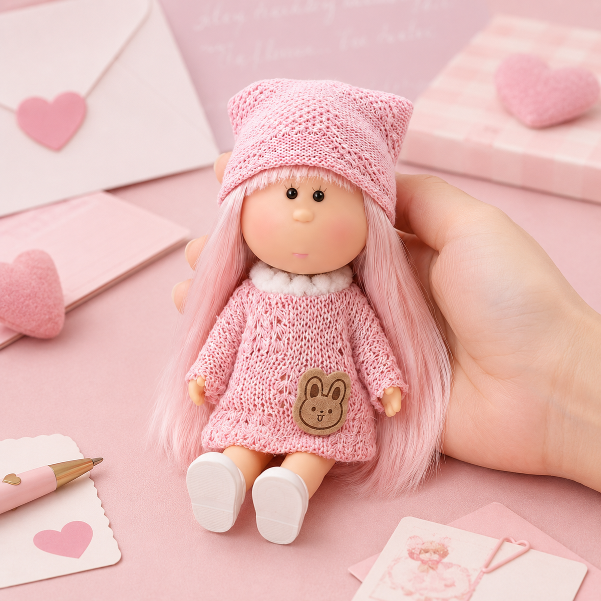 Sweet Pastel Style 14cm MIA Potato Doll Bag Charm Light Pink Hair Handmade Knit Outfit Rabbit Patch Portable Collectible Keychain Ornament Present for Kids & Hobbyists 标题 SEO 布局解析