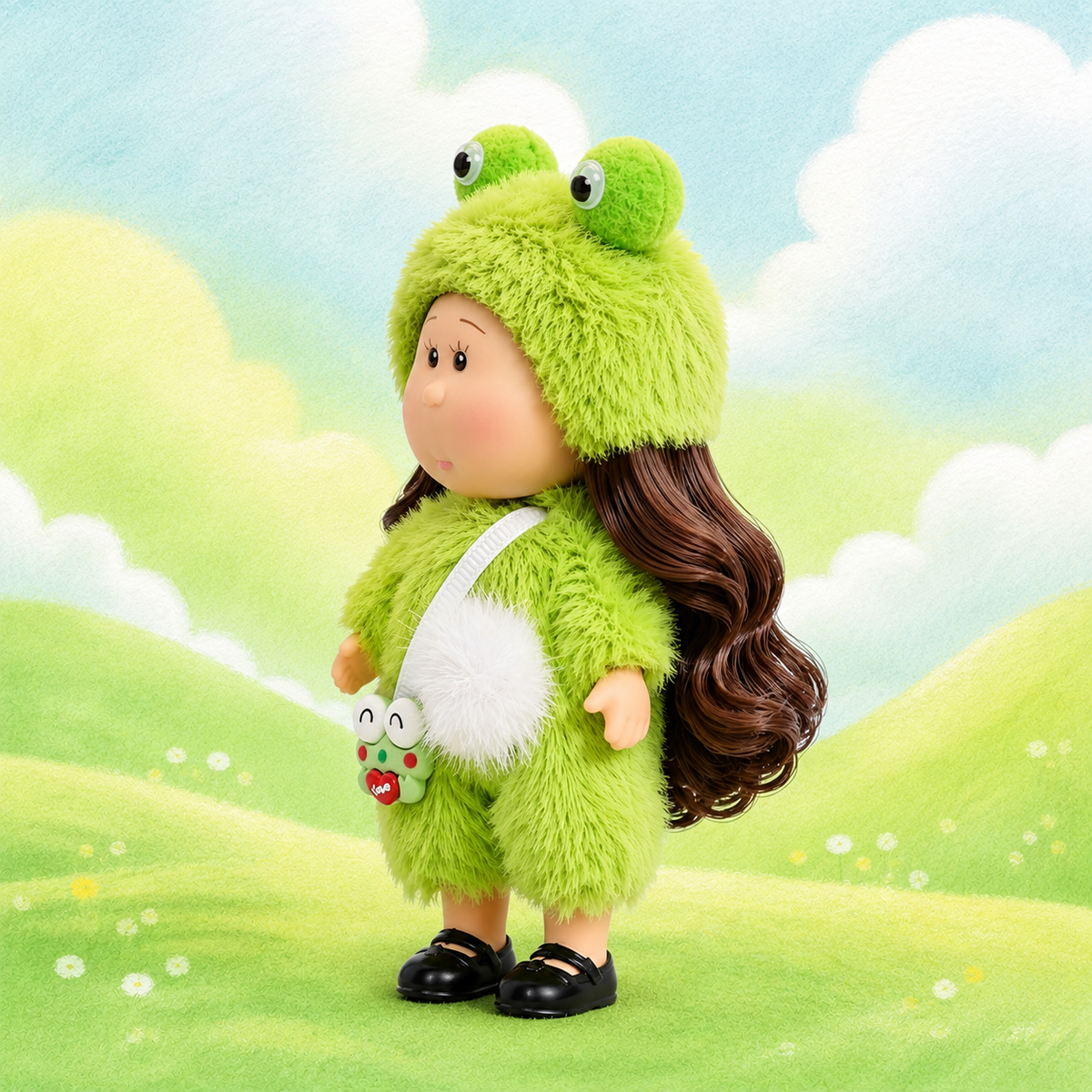 14cm MIA Potato Doll Fun Frog Cosplay Style 14cm MIA Potato Doll Bag Charm Brown Curly Hair Green Fuzzy Frog Costume Frog Shaped Mini Bag Portable Collectible Keychain Ornament Present for Kids & Hobbyists