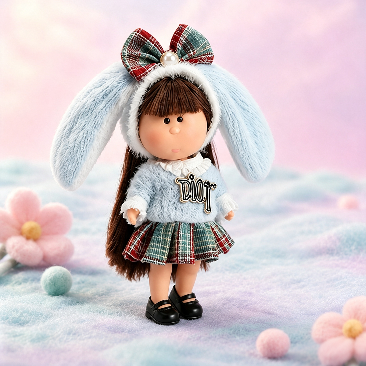 14cm MIA Potato Doll Keychain, Light Blue Furry Bunny Ear Hood Plaid Bow Plush Sweater Plaid Skirt Backpack Charm Holiday Gift