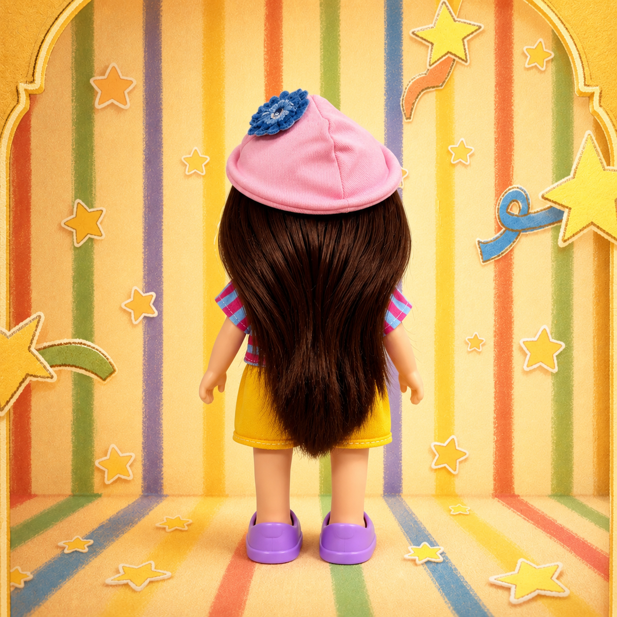 24cm MIA Potato Doll – Long Brown Hair, Pink Bucket Hat, Summer Casual Outfit, Purple Flat Shoes. Vacation‑style doll—perfect as a birthday, Christmas, Children’s Day gift for imaginative play.