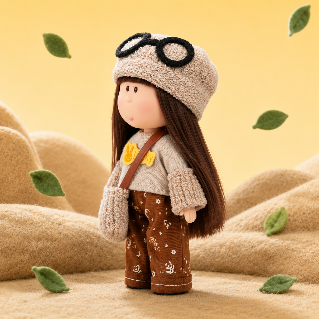 14cm MIA Potato Doll Keychain, Knit Beanie with Glasses Patchwork Sweater Casual Brown Pants Backpack Charm Gift Cafe Retro Style MIA Potato Doll Bag Charm Knitted Outfit Crossbody Strap Portable Collectible Keychain