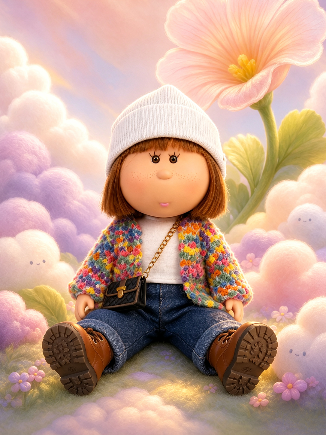 24cm MIA Potato Doll — Brown bob hairstyle, white knitted beanie, colorful crochet jacket, crossbody bag; collectible vinyl toy; gift for girls, Christmas/autumn decor, Thanksgiving gift.