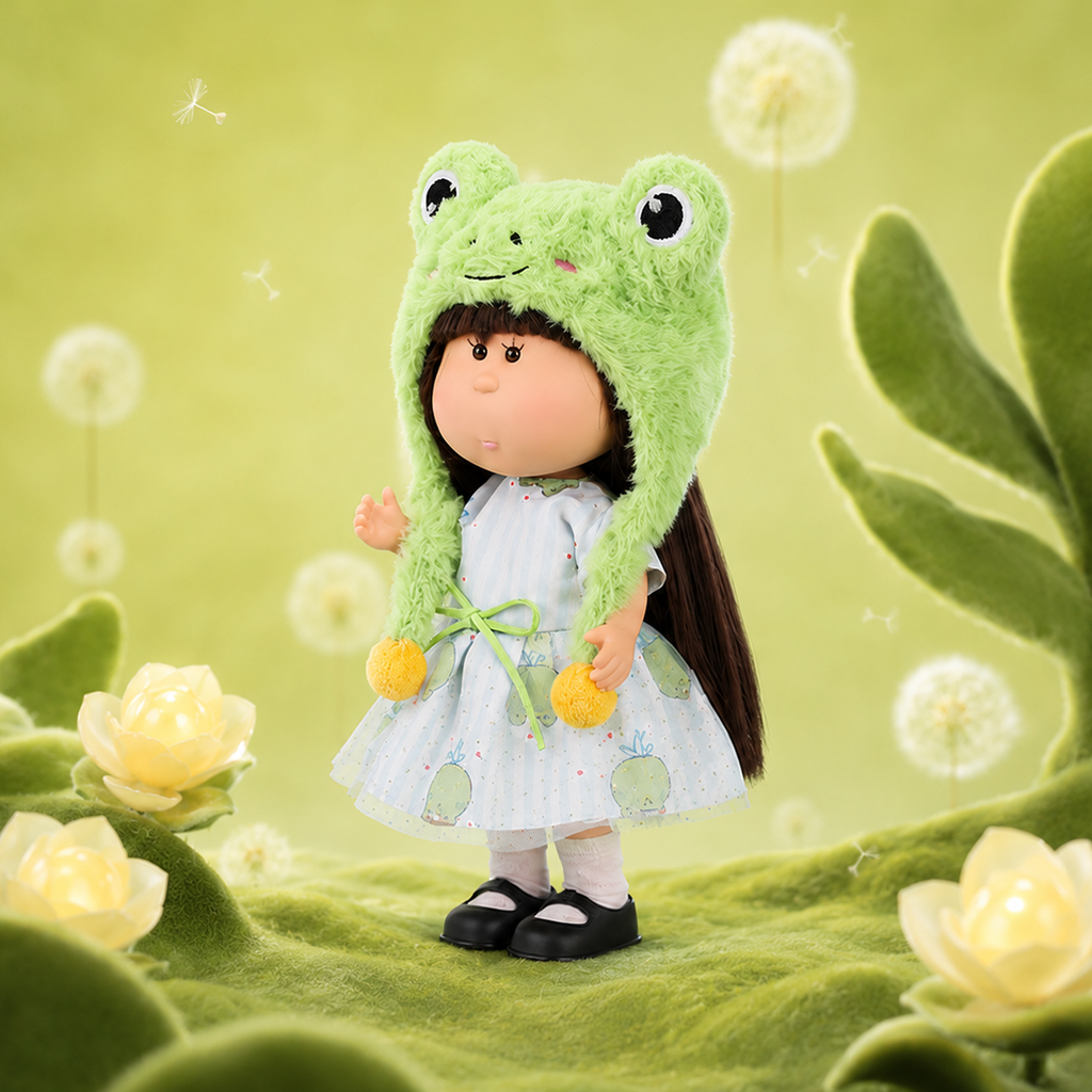 24cm Mia Round‑Face Doll, Brown Straight Bangs Hair Fluffy Frog Earflap Hat Frog Print Tulle Dress Collectible Dress‑Up Doll, Fresh Cute Animal‑Theme Gift for Girls & Doll Collectors