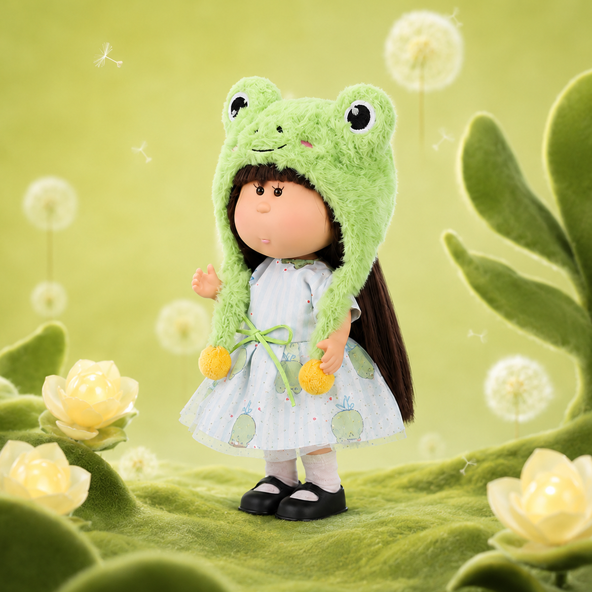 24cm Mia Round‑Face Doll, Brown Straight Bangs Hair Fluffy Frog Earflap Hat Frog Print Tulle Dress Collectible Dress‑Up Doll, Fresh Cute Animal‑Theme Gift for Girls & Doll Collectors