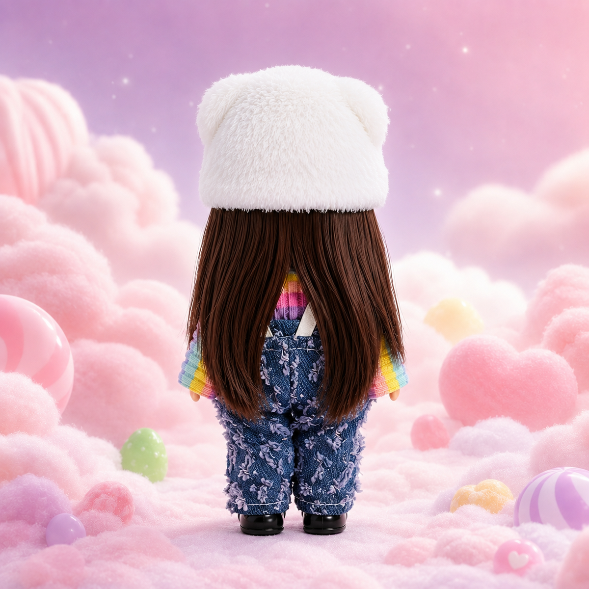 14cm MIA Potato Doll Keychain Pendant Long Straight Brown Hair Fluffy White Cat Patch Hat Rainbow Gradient Knit Top Distressed Denim Overalls White Cat Charm Lanyard Strap Cute Wearable Collectible Bag Accessory Birthday Christmas Holiday Gift for Girls