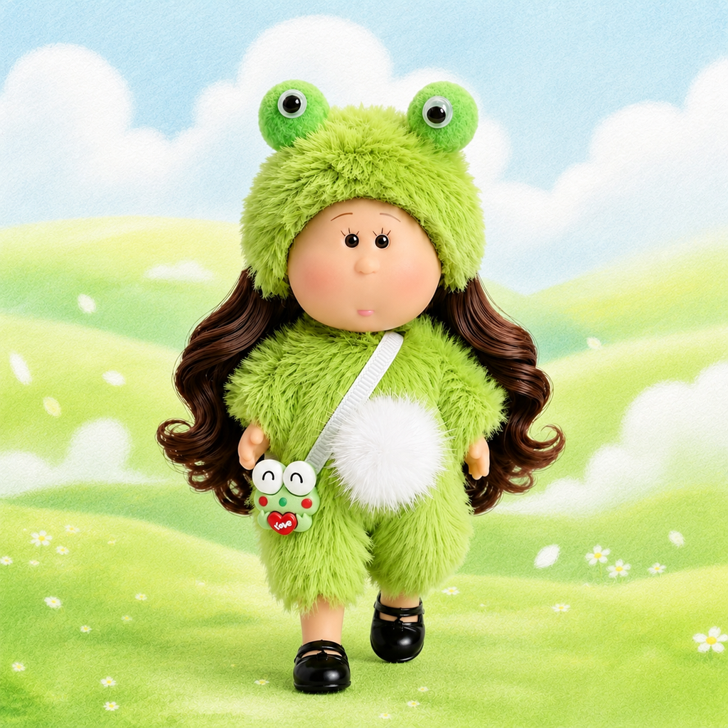 14cm MIA Potato Doll Fun Frog Cosplay Style 14cm MIA Potato Doll Bag Charm Brown Curly Hair Green Fuzzy Frog Costume Frog Shaped Mini Bag Portable Collectible Keychain Ornament Present for Kids & Hobbyists