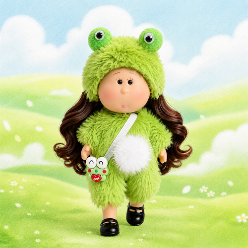 14cm MIA Potato Doll Fun Frog Cosplay Style 14cm MIA Potato Doll Bag Charm Brown Curly Hair Green Fuzzy Frog Costume Frog Shaped Mini Bag Portable Collectible Keychain Ornament Present for Kids & Hobbyists