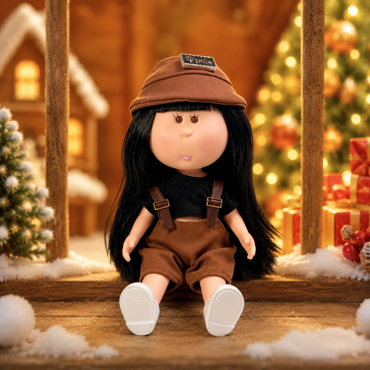 24cm MIA Potato Doll Long Straight Black Hair with Smile‑Label Brown Beret Black Crop Top Brown Corduroy Suspender Shorts White Mary Jane Shoes Fashion Dress‑Up Toy Birthday Christmas Gift for Children