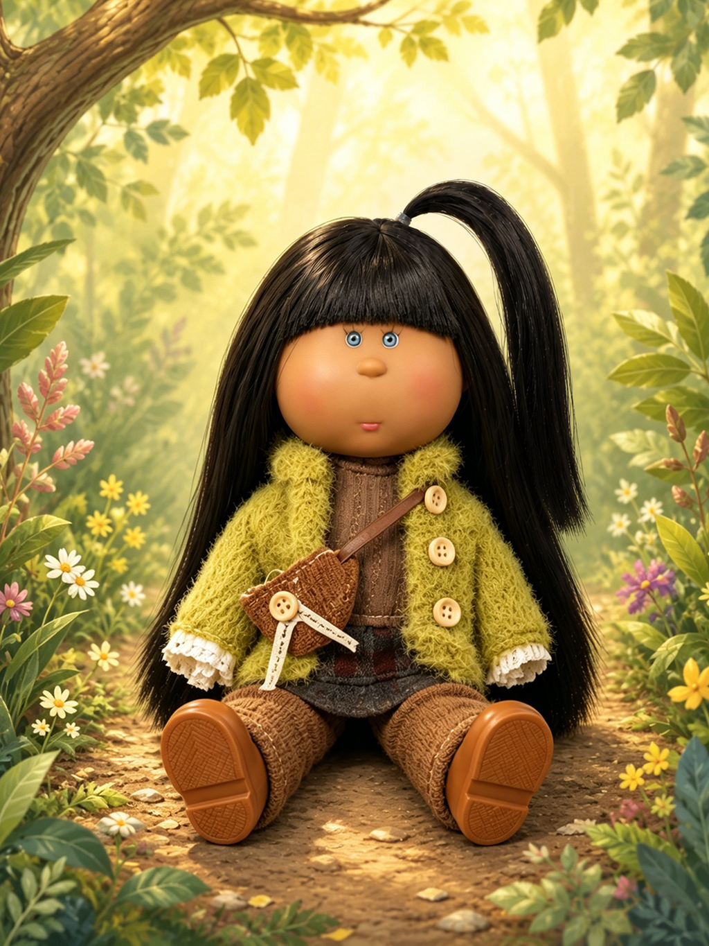 24 CM MIA Potato Dark‑Skin Vinyl Doll Straight Black  Handmade Fabric Crossbody Pouch  Removable Full Autumn Outfit Warm Retro Style Collectible Toy Birthday Gift For Hobbyist Doll Collectors