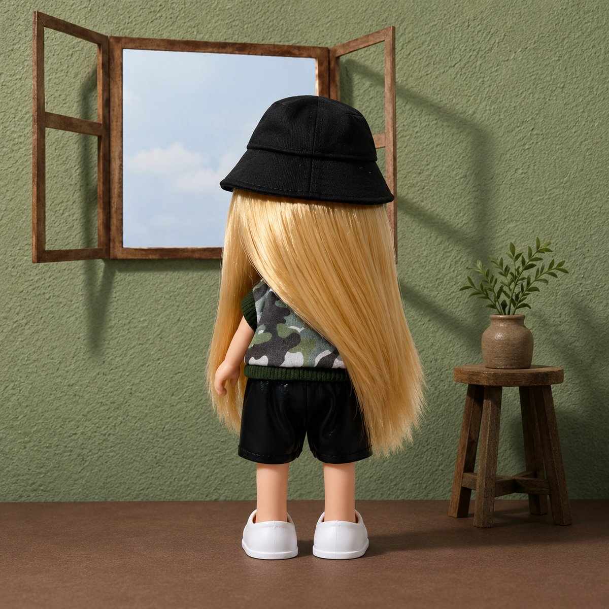 24cm MIA Potato Doll Long Straight Blonde Hair with Black Logo Bucket Hat Camouflage Knit Trim Sleeveless Top Black PU Shorts White Mary Jane Shoes Fashion Dress‑Up Toy Birthday Christmas Gift for Children