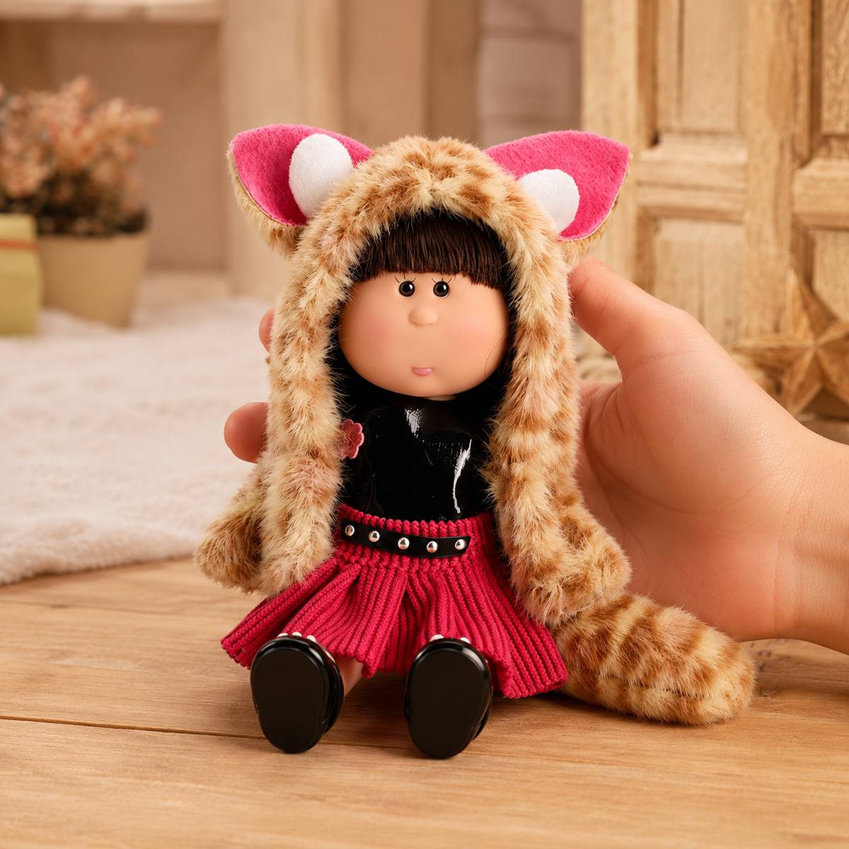 14cm MIA Potato Doll Keychain, Fox‑Ear Furry Coat Red Knit Skirt Animal Cosplay Style Backpack Charm Holiday Gift