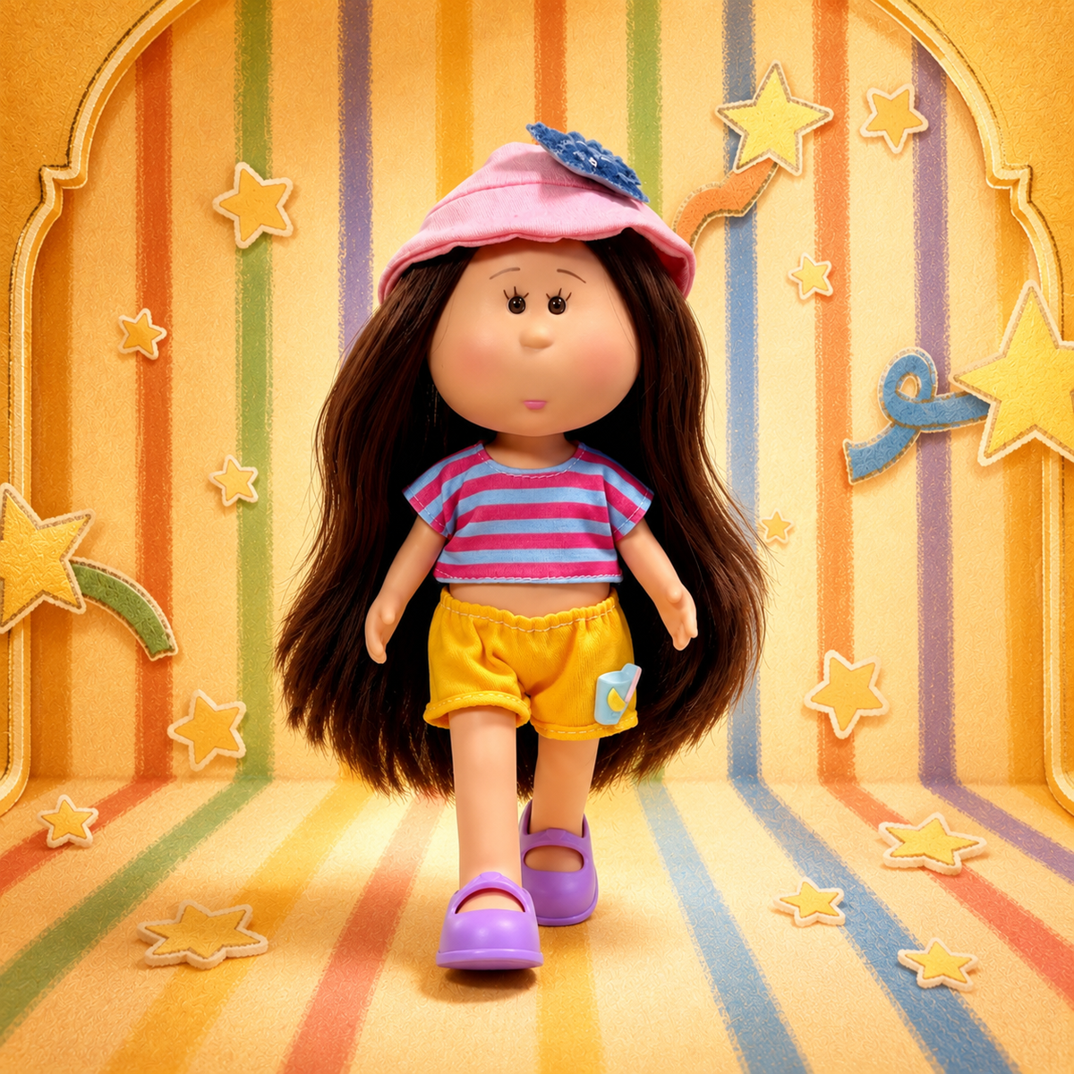 24cm MIA Potato Doll – Long Brown Hair, Pink Bucket Hat, Summer Casual Outfit, Purple Flat Shoes. Vacation‑style doll—perfect as a birthday, Christmas, Children’s Day gift for imaginative play.