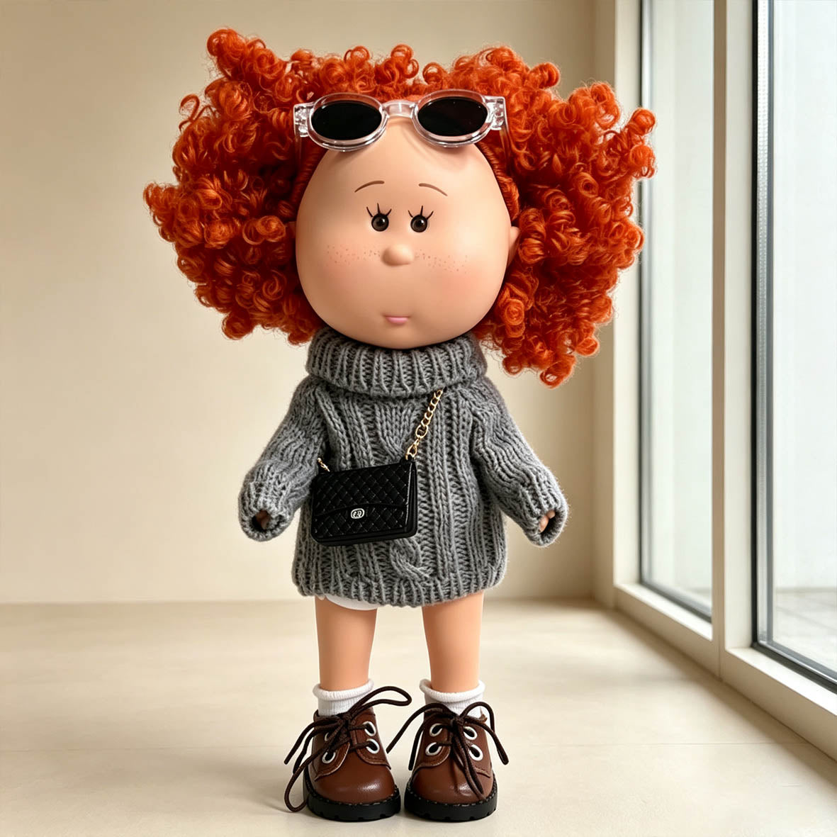 Minimalist Elegant Style MIA Potato Doll 24cm Red Afro Curly Hair Doll Knit Outfit Pretend Play Collectible Toy Holiday Present for Boys & Girls