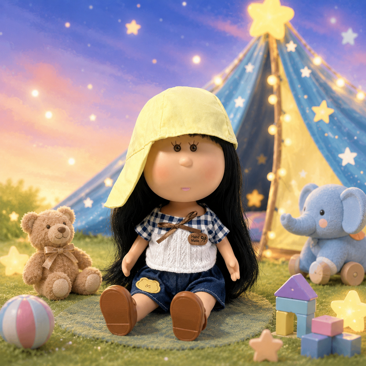 24cm MIA Potato Doll Long Straight Black Hair with Light Yellow Peaked Cap Plaid Spliced Knit Top Bear Patch Denim Shorts Brown Mary Jane Shoes Casual Dress‑Up Toy Birthday Christmas Gift for Children