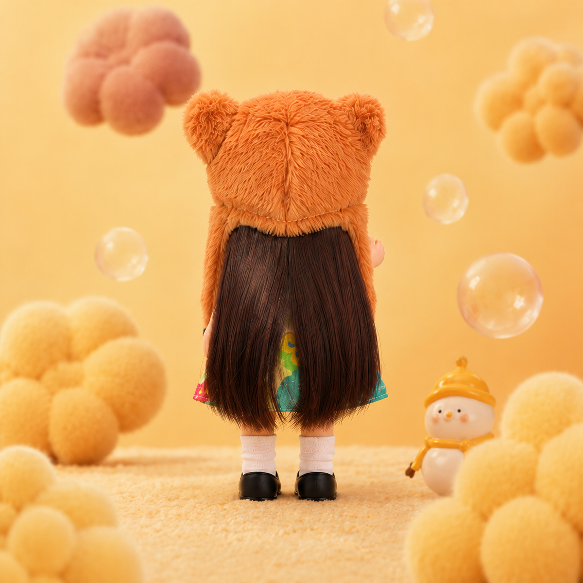 24cm Mia Round‑Face Doll, Brown Straight Bangs Hair Brown Bear Fuzzy Trapper Hat Oil‑Painting Floral Flutter‑Sleeve Dress Collectible Dress‑Up Doll, Playful Forest Style Gift for Girls & Doll Collectors