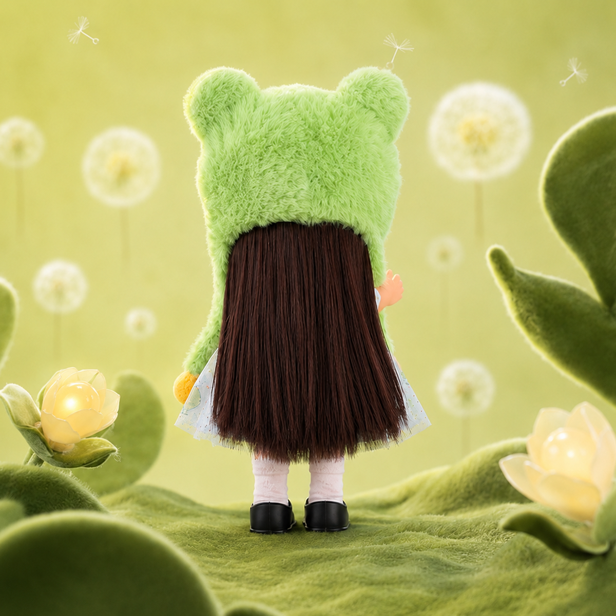24cm Mia Round‑Face Doll, Brown Straight Bangs Hair Fluffy Frog Earflap Hat Frog Print Tulle Dress Collectible Dress‑Up Doll, Fresh Cute Animal‑Theme Gift for Girls & Doll Collectors