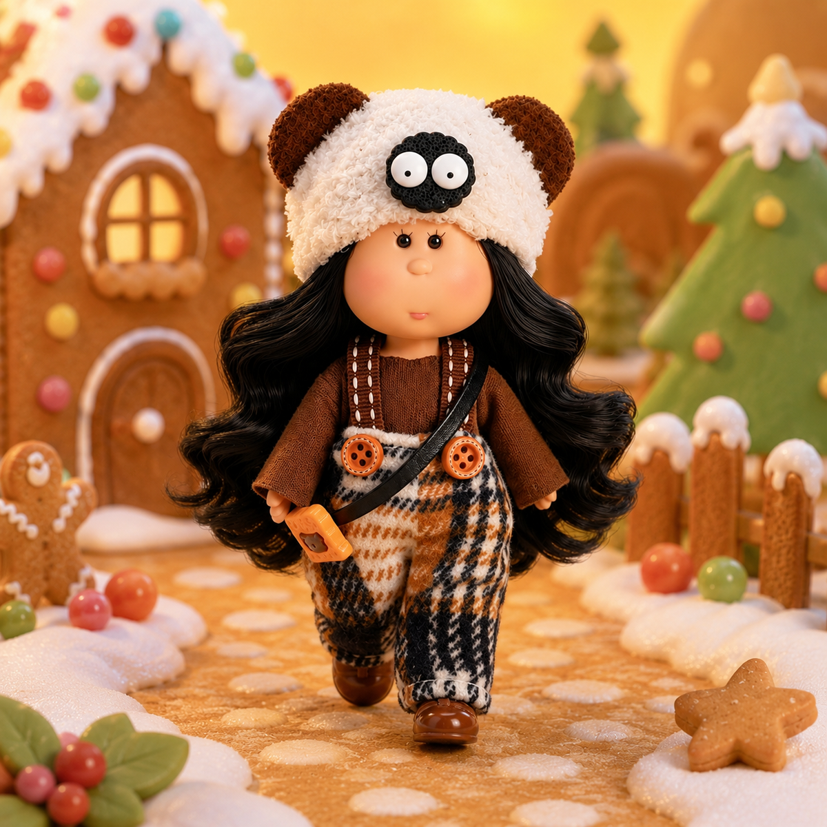 14cm MIA Potato Doll Vintage Casual Earth Tone Outfit 14cm MIA Potato Doll Bag Charm Black Curly Hair Bear Plush Hat Plaid Overalls Portable Collectible Keychain Ornament Present for Youth Hobbyists