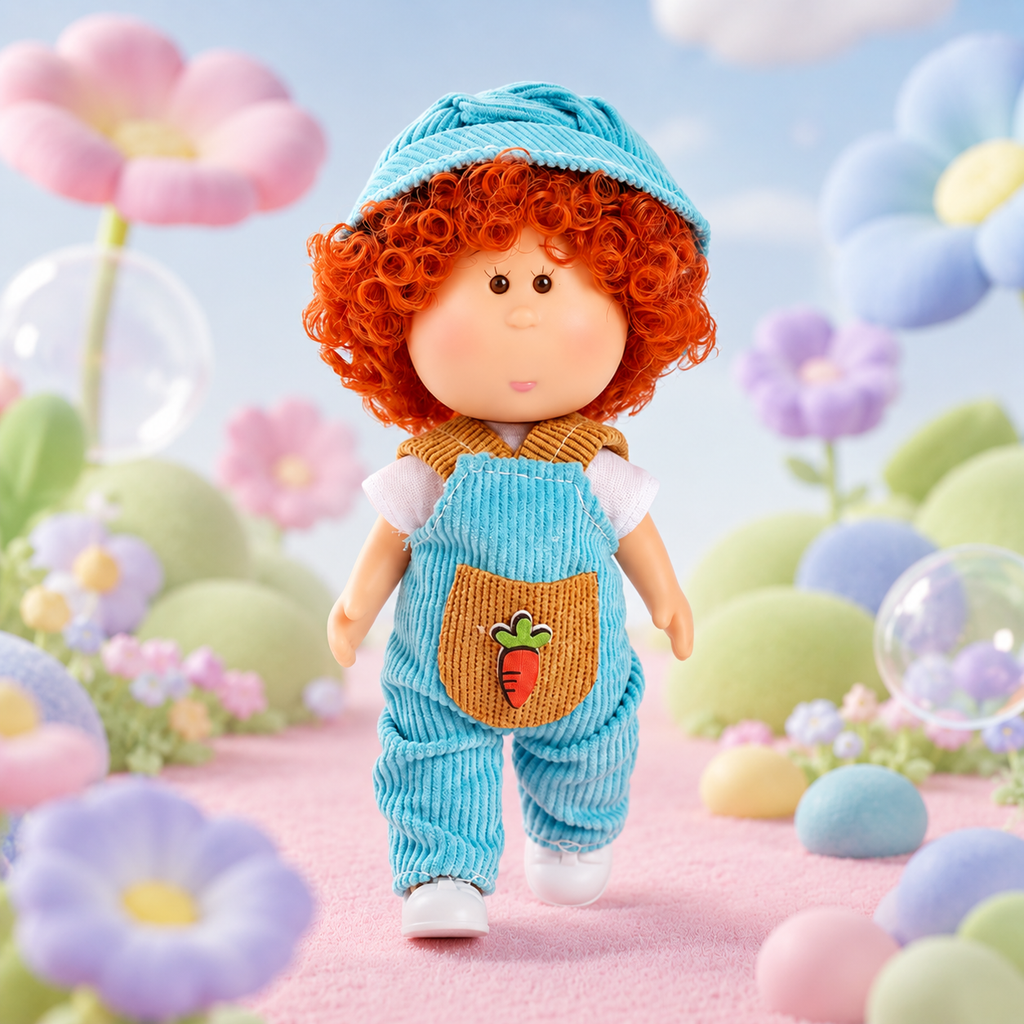 14cm MIA Potato Doll Keychain Pendant Fluffy Red Curly Hair Light Blue Corduroy Hat Carrot Patch Overalls White Inner Shirt White Shoes Braided Blue Lanyard Strap Farm Casual Style Backpack Charm Birthday Christmas Holiday Gift for Kids & Doll Collectors