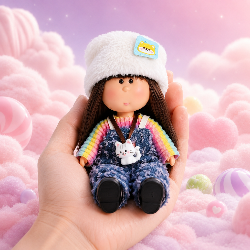 14cm MIA Potato Doll Keychain Pendant Long Straight Brown Hair Fluffy White Cat Patch Hat Rainbow Gradient Knit Top Distressed Denim Overalls White Cat Charm Lanyard Strap Cute Wearable Collectible Bag Accessory Birthday Christmas Holiday Gift for Girls