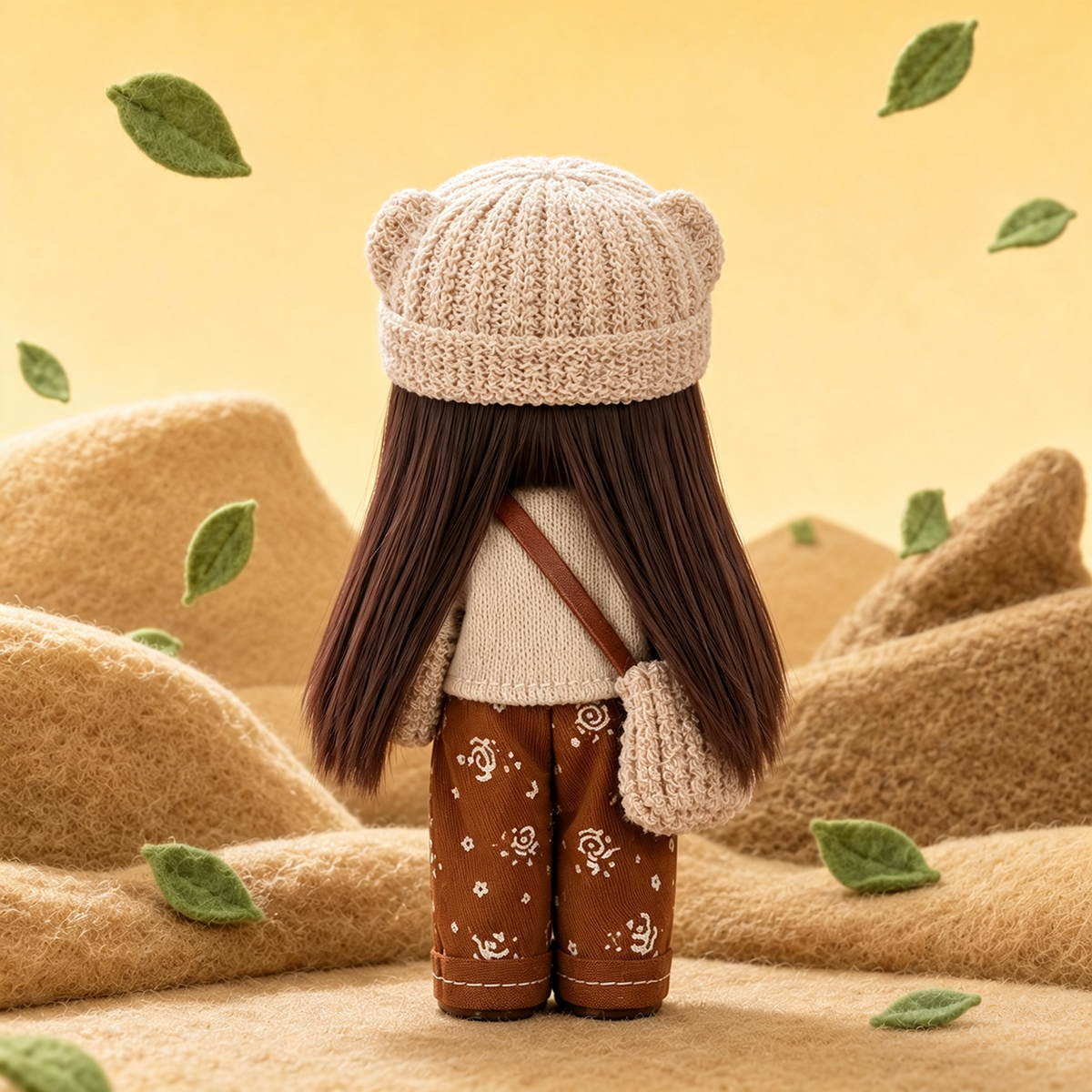 14cm MIA Potato Doll Keychain, Knit Beanie with Glasses Patchwork Sweater Casual Brown Pants Backpack Charm Gift Cafe Retro Style MIA Potato Doll Bag Charm Knitted Outfit Crossbody Strap Portable Collectible Keychain