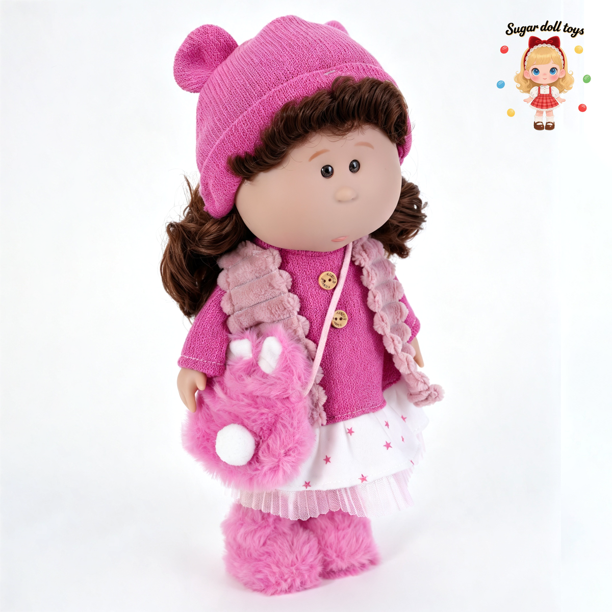 30cm Spanish Mia Potato Doll Pink Plush Bear-Ear Winter Outfit Set, Handmade DIY Dress-Up Collectible Toy, Birthday Holiday Gift for Girls