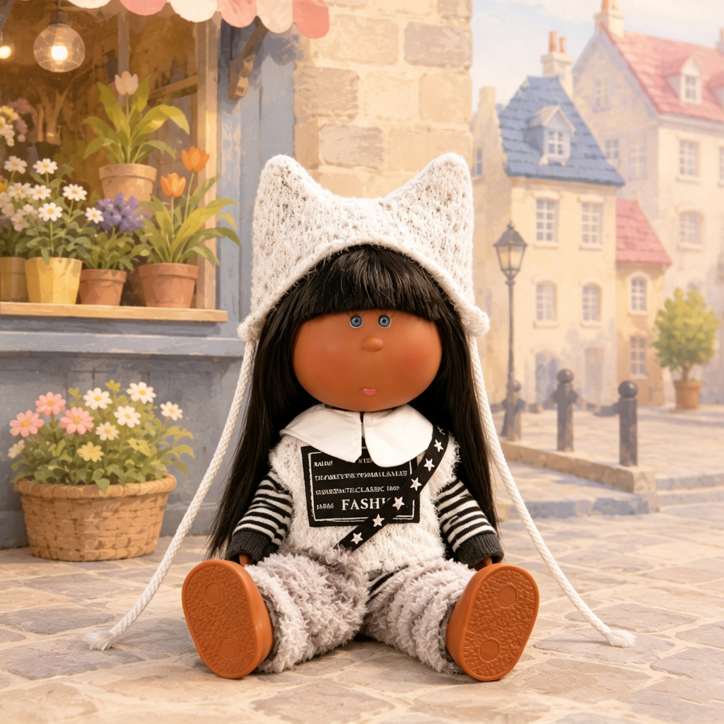 24cm MIA Potato Doll Dark Skin Cat‑Ear Knit Hat Fuzzy Monochrome Winter Outfit Plush Crossbody Bag Vinyl Collectible Toy