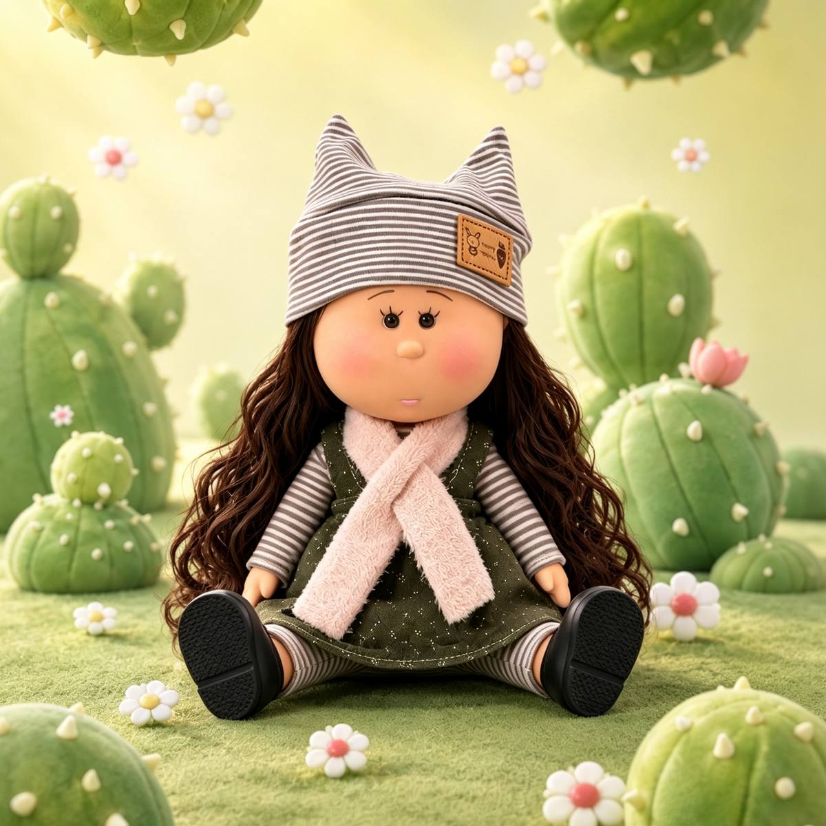 24cm MIA Potato Doll Curly Brown Hair Striped Cat‑Ear Hat Autumn Layered Outfit Removable Clothing Toy Gift for Collectors & Kids