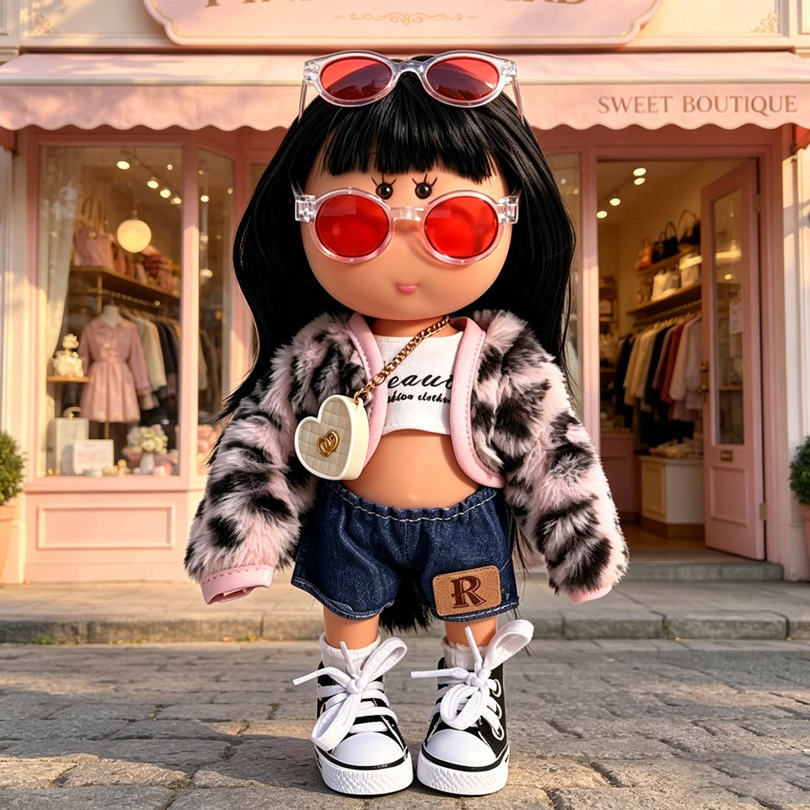 Sweet Urban Street Style MIA Potato Doll 24cm Straight Black Bangs Hair Doll Fur Denim Outfit Pretend Play Collectible Toy Holiday Present for Boys & Girls