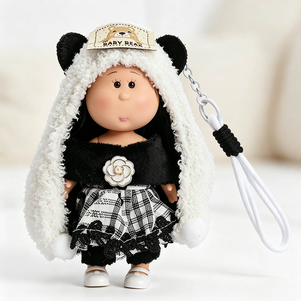 14cm MIA Potato Doll Keychain Pendant Straight Black Hair Panda‑Ear Fluffy Hood Baby Bear Patch Black Fuzzy Shrug Camellia Brooch Plaid Lace Skirt Woven Lanyard Strap Cute Backpack Ornament Birthday Christmas Holiday Gift for Girls & Doll Collectors