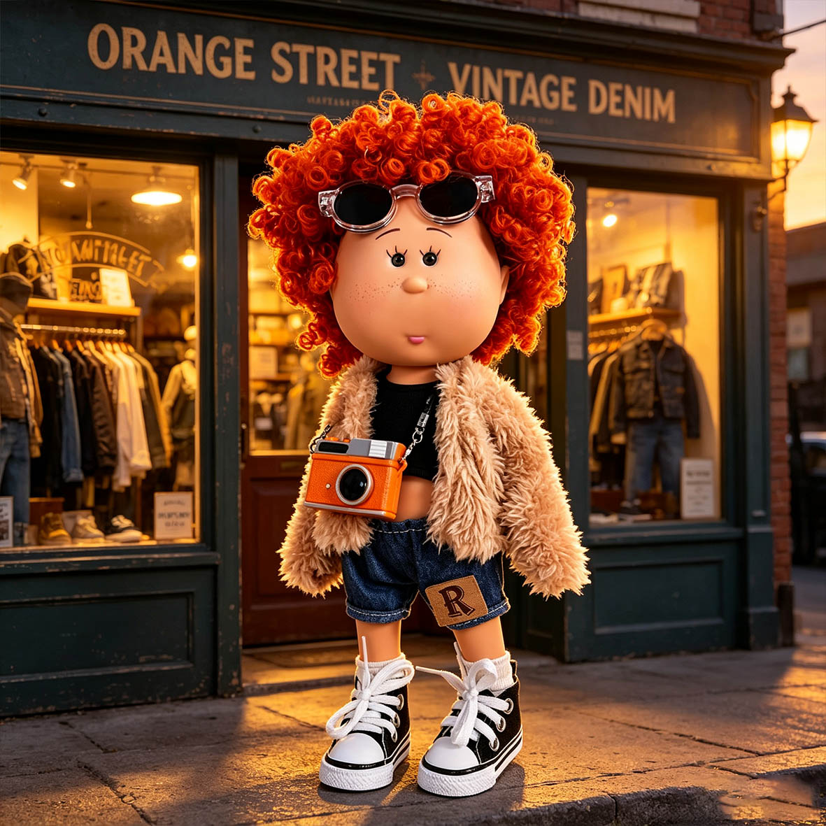 Hip‑hop Street Style MIA Potato Doll 24cm Red Afro Curly Hair Doll Fleece Denim Outfit Pretend Play Collectible Toy Holiday Present for Boys & Girls