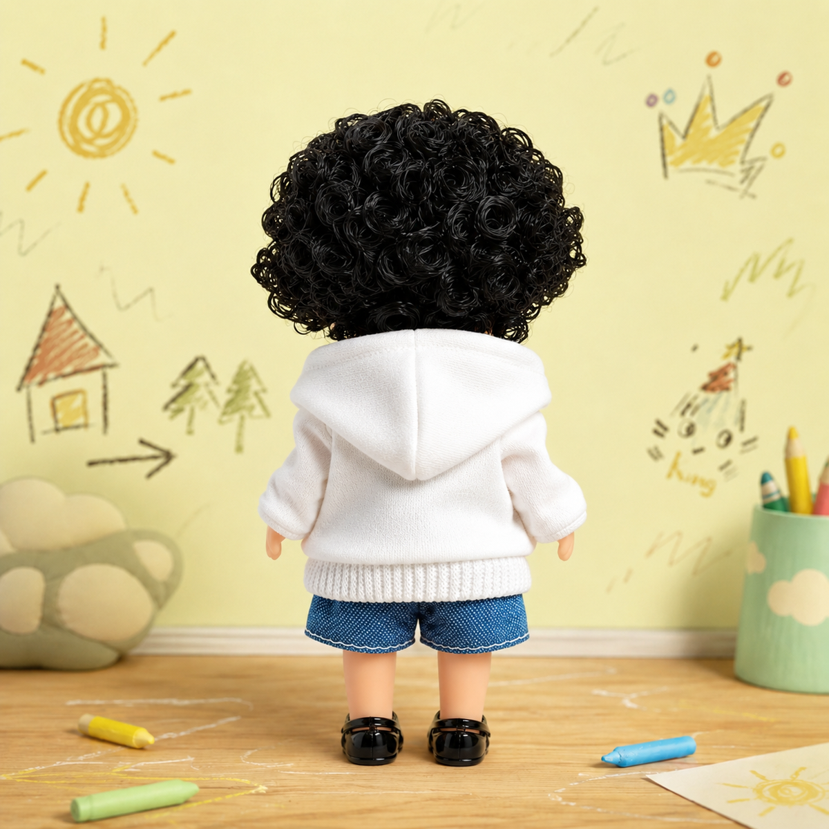 14cm MIA Potato Doll Keychain, Black Curly Hair White Bunny‑Patch Hoodie Denim Shorts Casual Style Backpack Charm Gift for Collectors