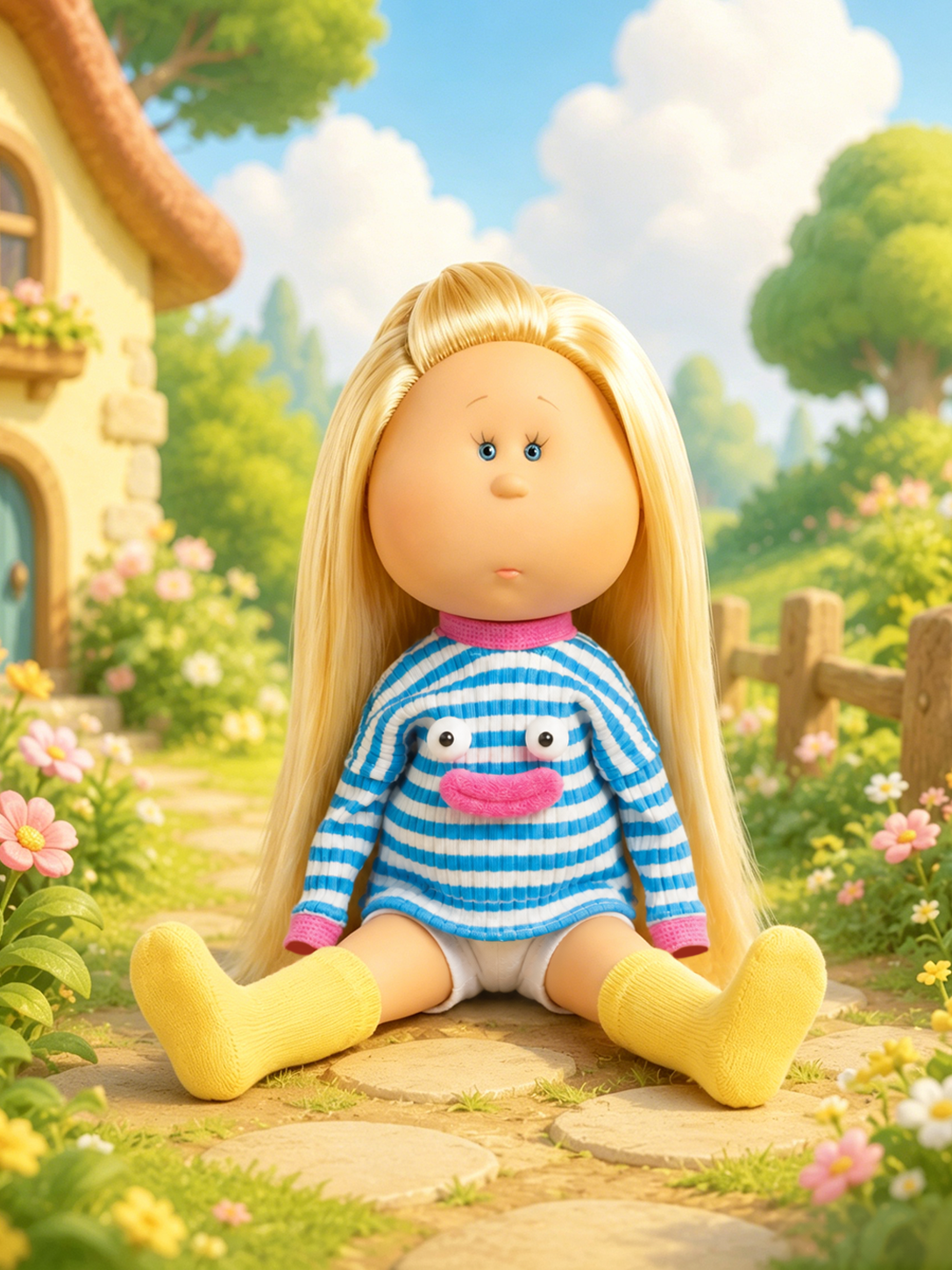 24cm Mia Long‑Face Doll, Blonde Straight Hair Cartoon Frog  Striped Knit Top Casual Outfit Collectible Dress‑Up Doll, Playful Fun Gift for Girls & Doll Hobbyists